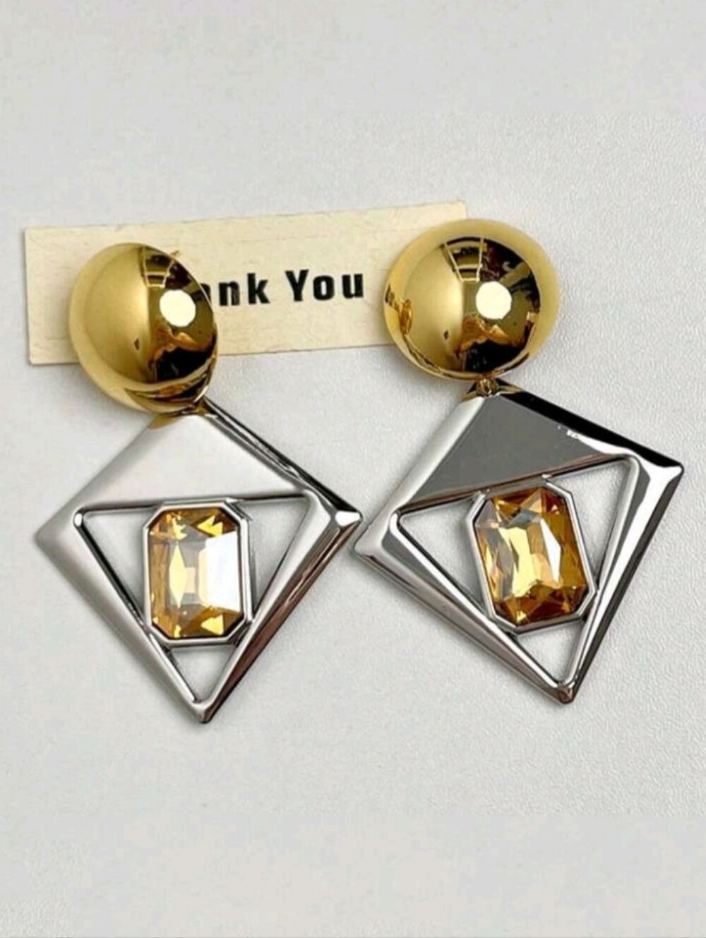 NEW! Gold & Silver Retro Geometric Drop Earrings with Champagne Stone